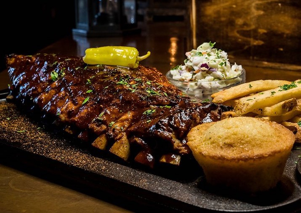Loin back BBQ ribs with coleslaw, fries, and a corn muffin