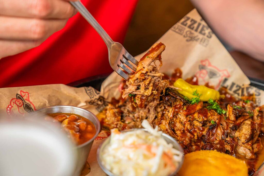 Closeup of pulled pork entree at Lizzie's Memphis Style BBQ